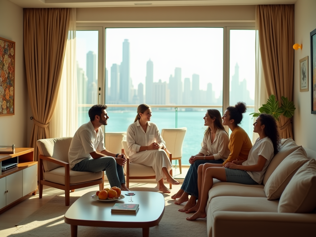 Group of friends enjoying conversation in a sunny room with a city skyline view through large windows.