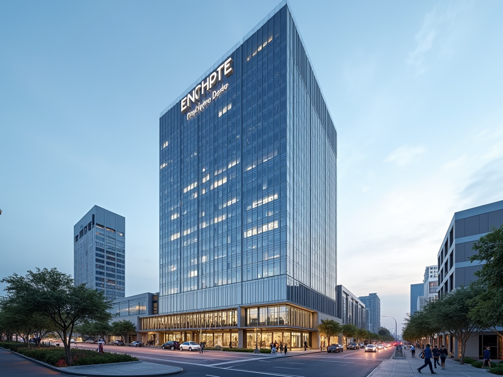 Modern glass office building at twilight with "ENCHOIX Premium Doctor" signage, bustling street view.