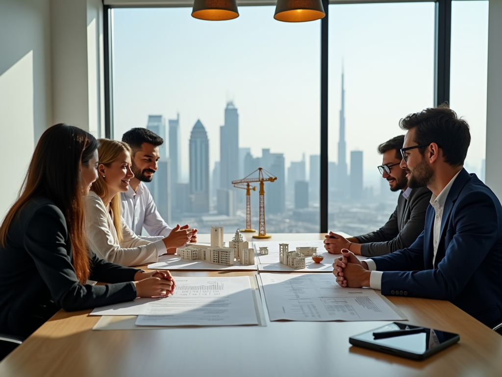 Business team discussing over architectural models in a boardroom with city skyline in background.