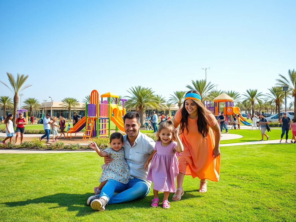 A happy family with two young girls enjoying a sunny day at a playground surrounded by palm trees and people.