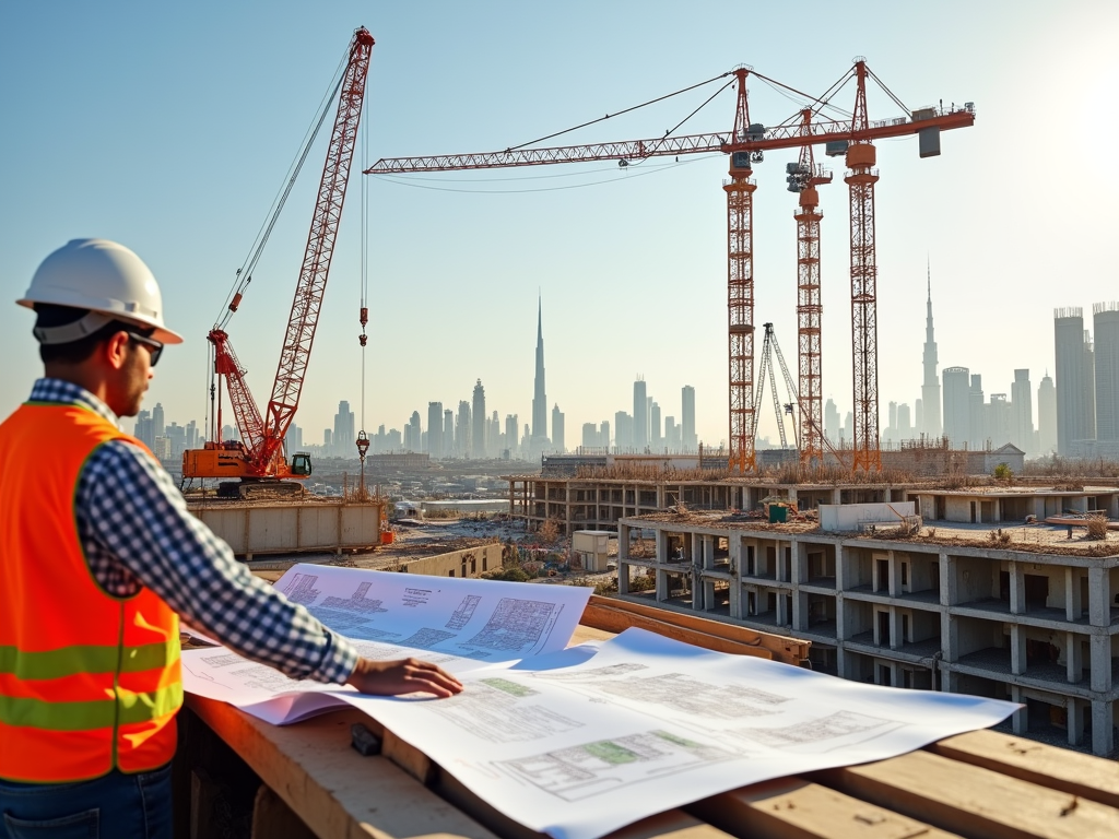 Engineer reviewing blueprints at a construction site with cranes and city skyline in background.