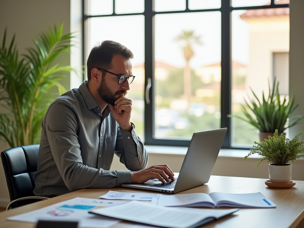 Bearded man in glasses working on laptop in bright office, deep in thought.