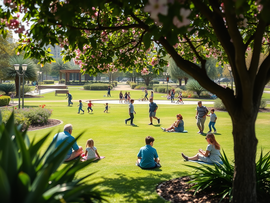 A lively park scene with families and children playing on the grass under blooming trees, enjoying a sunny day.